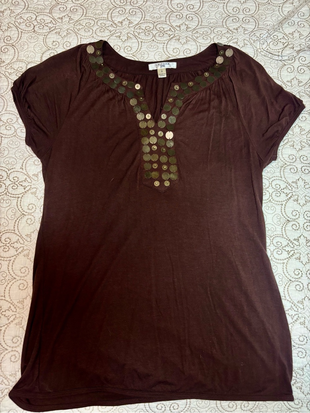 Cartonnier Brown Short-Sleeve Tee with Sequin V-Placket
